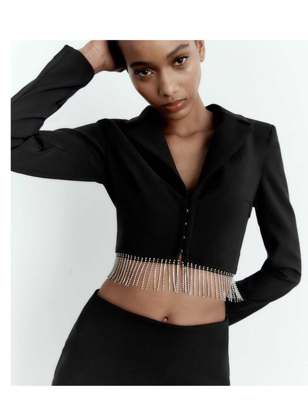 Zara black RHINESTONE FRINGE crop blazer/top sz. Small. *flaw, please read.